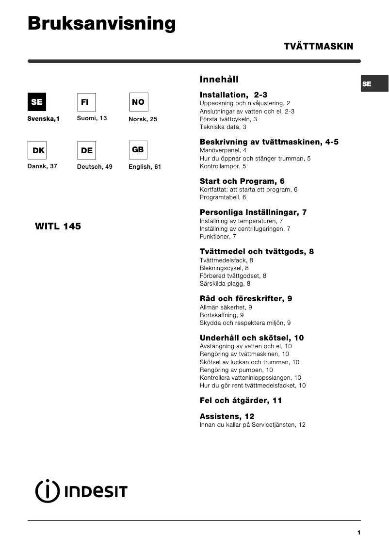 Página 1 del manual Manual de usuario Indesit WITL 145