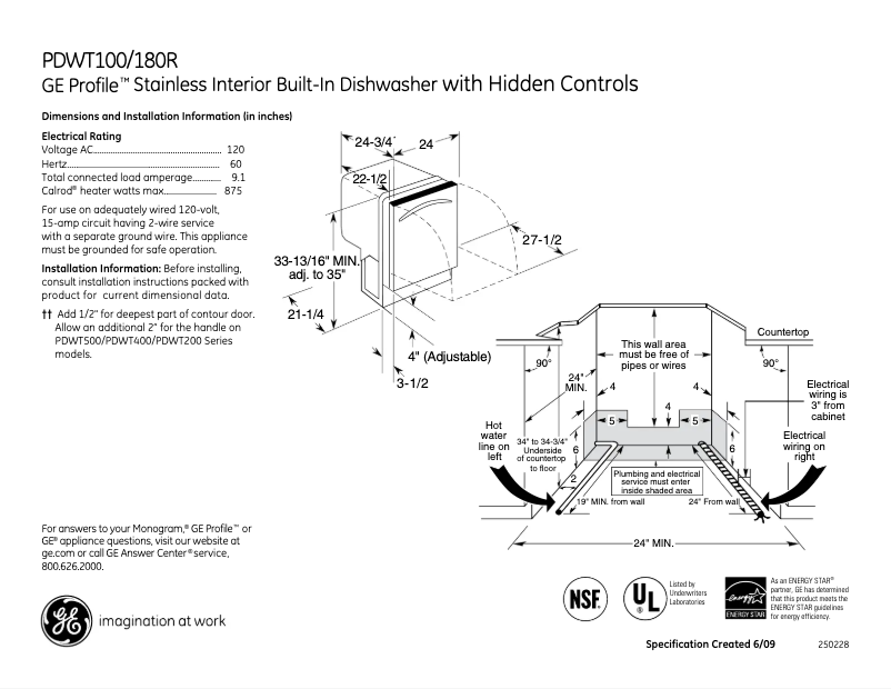 Page 1 of the manual Technical Sheet GE Profile PDWT100RWW