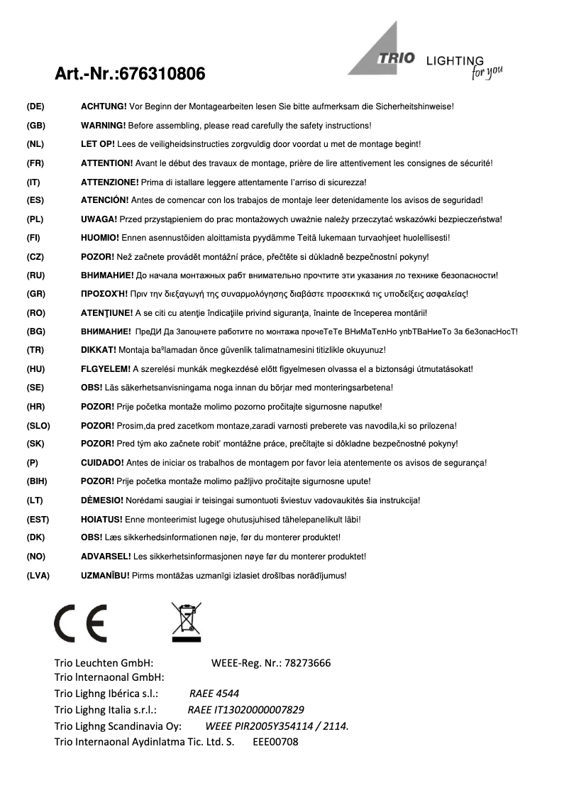 Page 1 de la notice Manuel utilisateur Trio Lighting Portofino 676310806