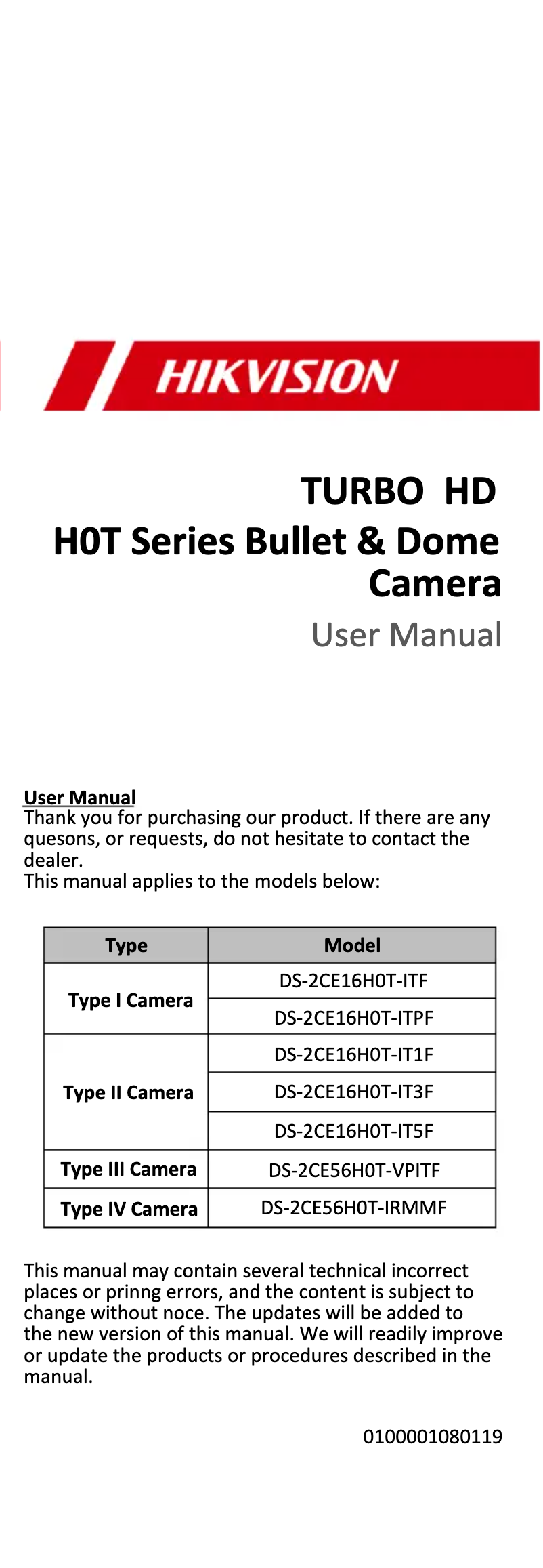 Page 1 de la notice Manuel utilisateur Hikvision DS-2CE16H0T-ITF