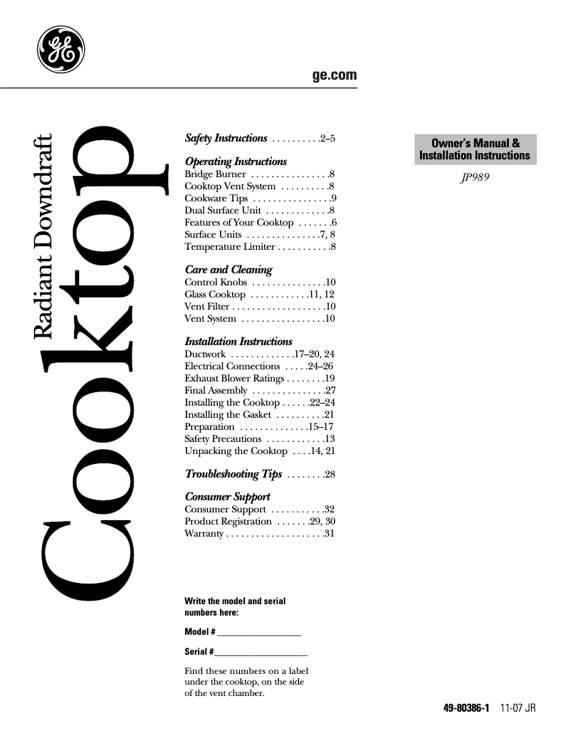 Page n°1 - Guide d'installation GE Profile JP989KKCC