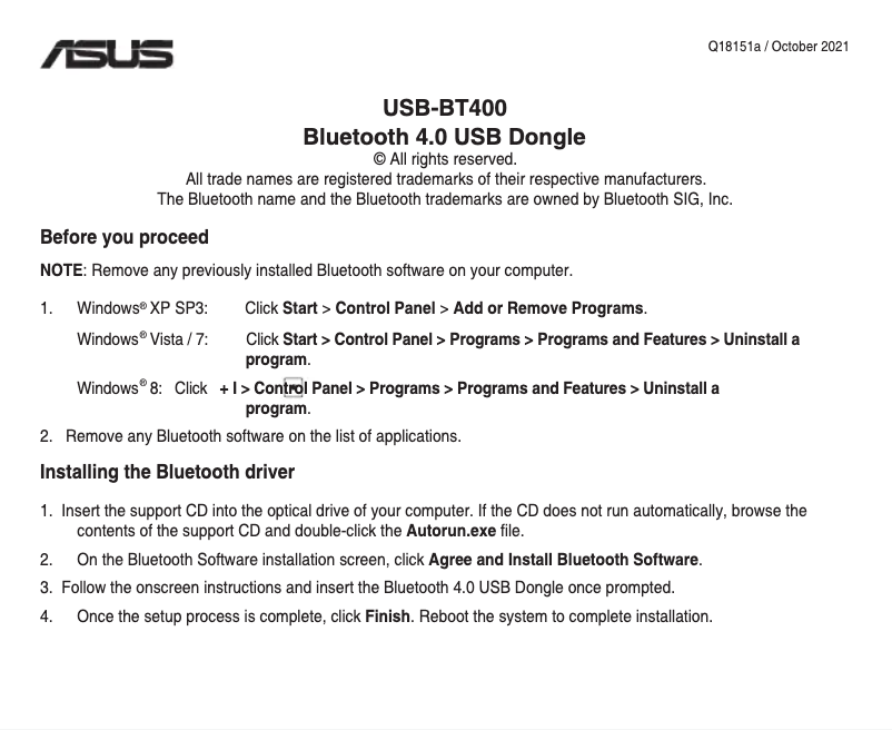 Page 1 de la notice Guide de démarrage rapide Asus USB-BT400