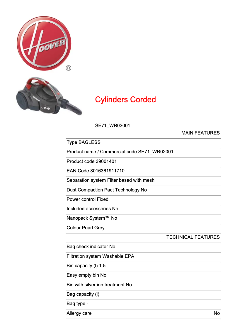 Page 1 de la notice Fiche technique Hoover Whirlwind SE71_WR02001