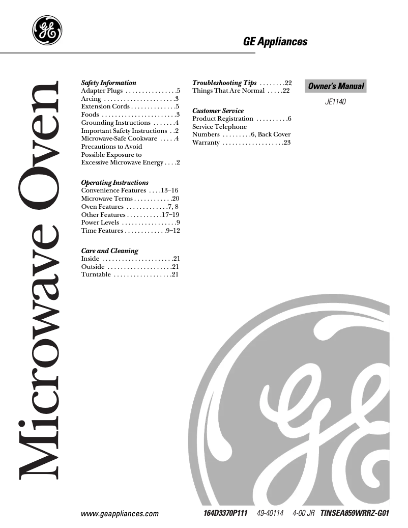 Página 1 del manual Manual de uso y mantenimiento GE JE1140WC