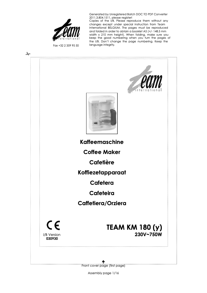 Page 1 de la notice Manuel utilisateur Team KM 180
