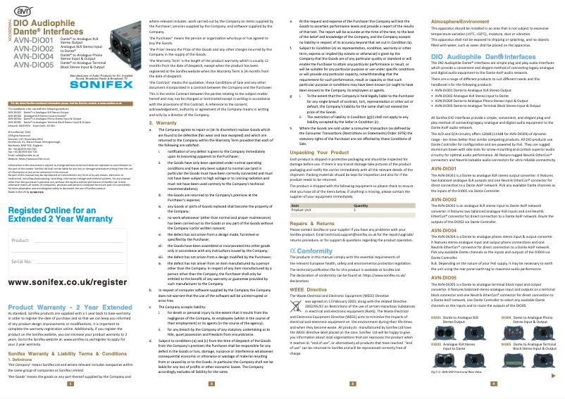 Page 1 of the manual User Manual Sonifex AVN-DIO01