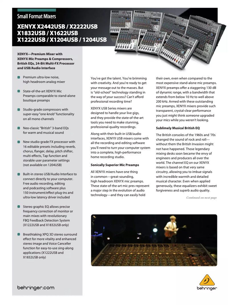 Page 1 de la notice Brochure Behringer Xenyx X1204USB