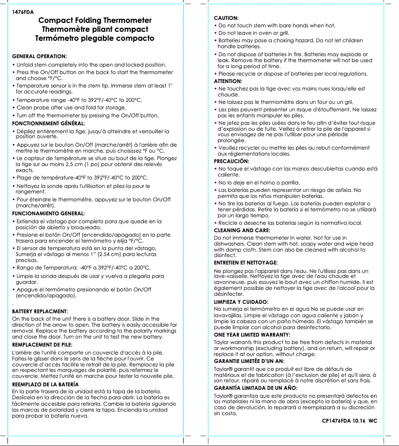 Page 1 of the manual User Manual Taylor 1476