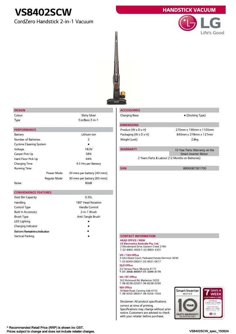 Page 1 of the manual Technical Sheet LG VS8402SCW
