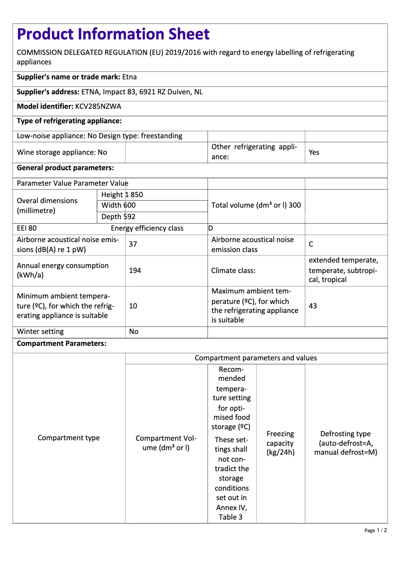 Page 1 de la notice Fiche technique Etna KCV285NZWA