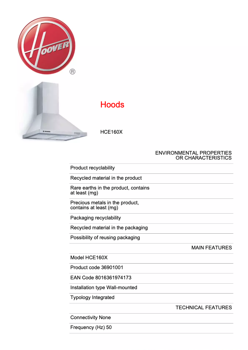 Page 1 de la notice Fiche technique Hoover HCE160X