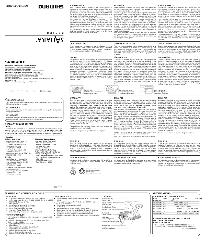 Page 1 de la notice Manuel utilisateur Shimano Sahara 1000FA