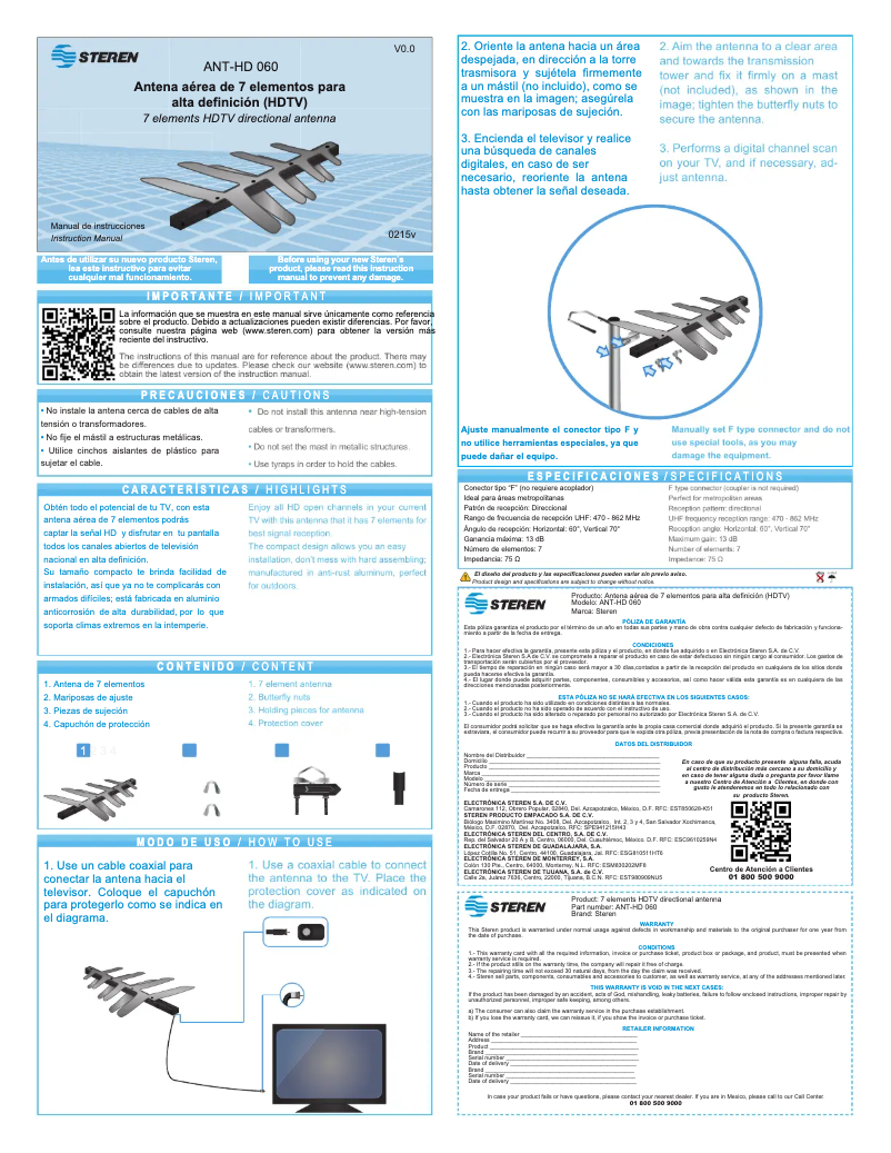 Page 1 de la notice Manuel utilisateur Steren ANT-HD 060