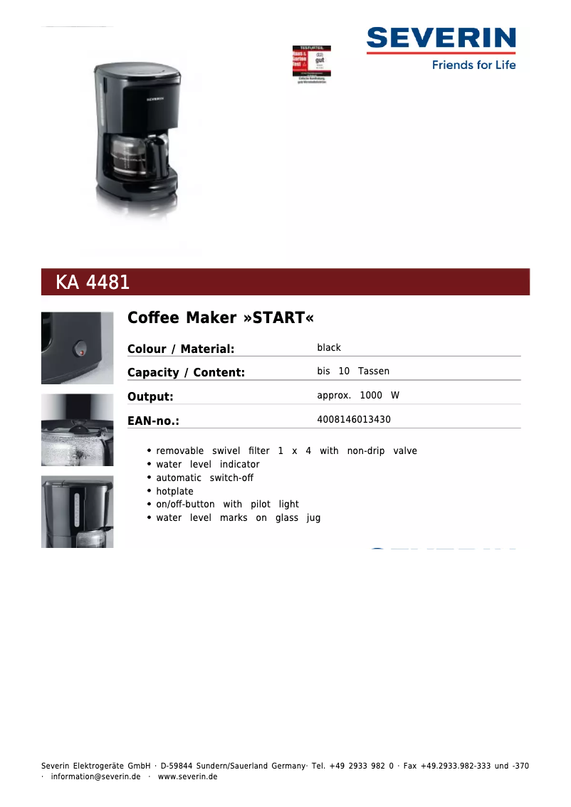 Página 1 del manual Ficha técnica Severin KA 4481