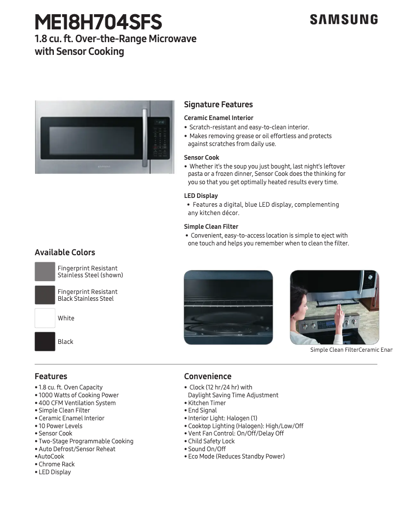 Página 1 del manual Ficha técnica Samsung ME18H704SFG/AA