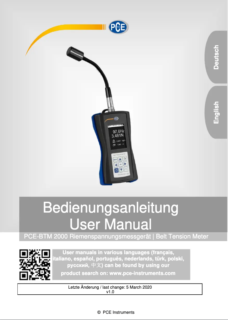 Page 1 de la notice Manuel utilisateur PCE Instruments PCE-BTM 2000