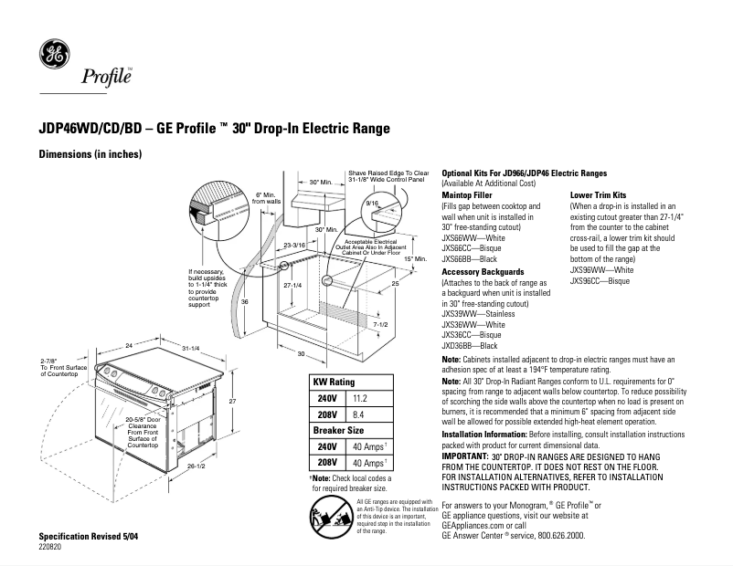Página 1 del manual Ficha técnica GE Profile JDP46BDBB