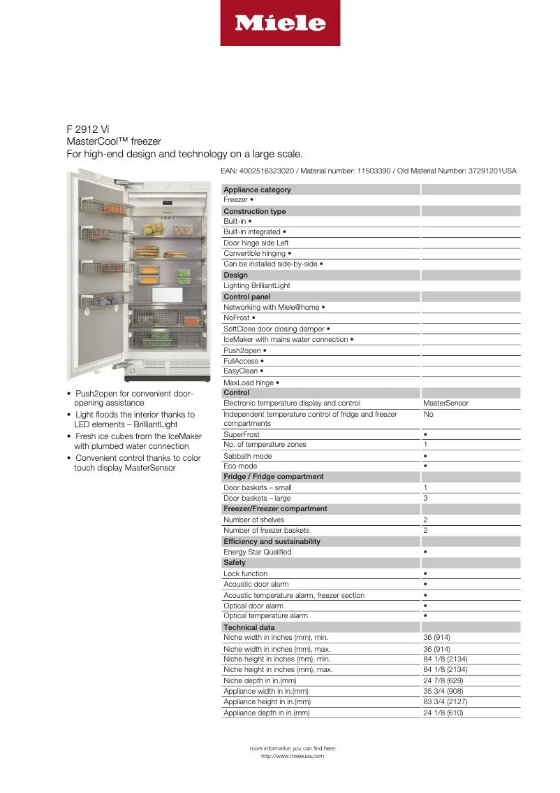 Page 1 de la notice Fiche technique Miele F 2912 Vi