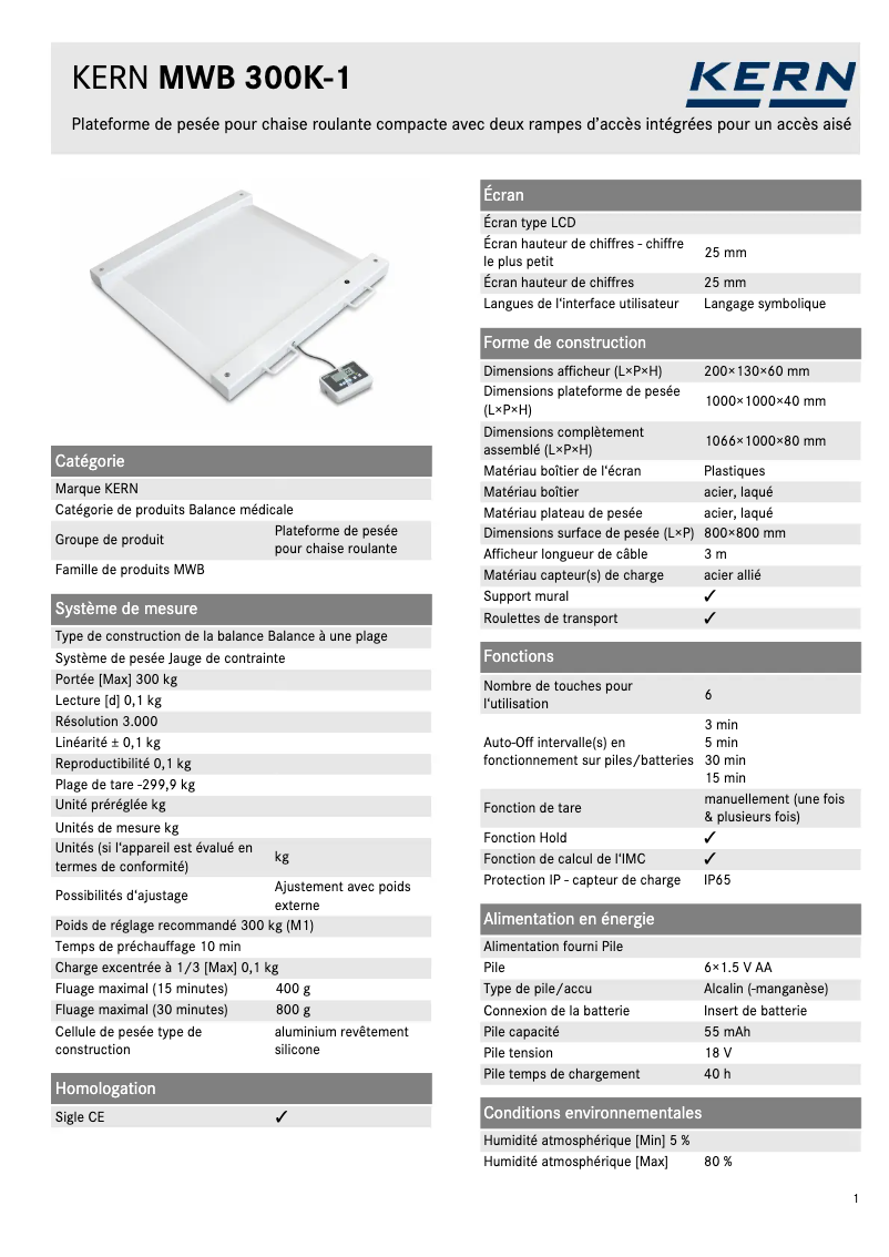 Page 1 de la notice Fiche technique Kern MWB 300K-1