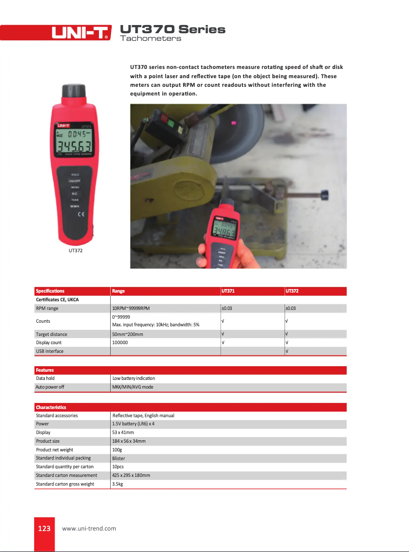 Page 1 de la notice Fiche technique Uni-T UT372