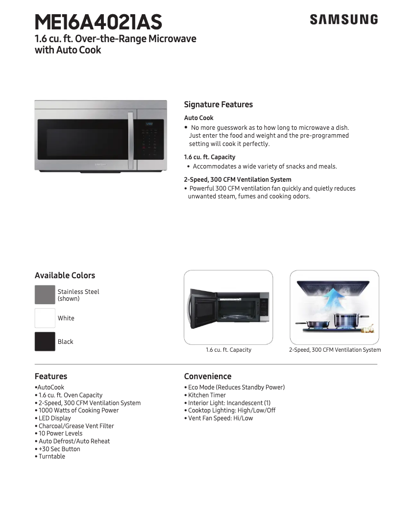 Página 1 del manual Ficha técnica Samsung ME16A4021AW