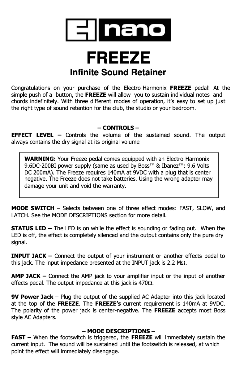Page 1 de la notice Manuel utilisateur Electro Harmonix Freeze