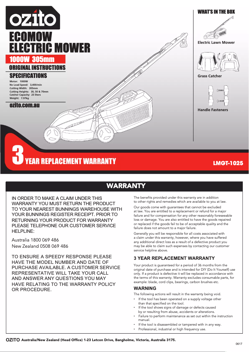 Page 1 de la notice Mode d'emploi Ozito LMGT-1025