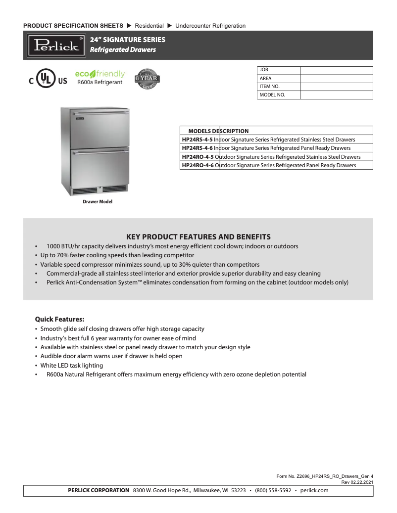 Page 1 de la notice Fiche technique Perlick HP24RS-4-6