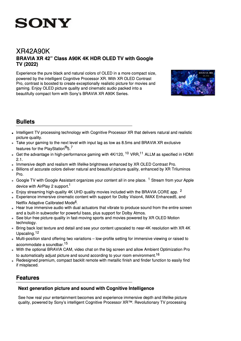 Page 1 de la notice Fiche technique Sony XR-42A90K