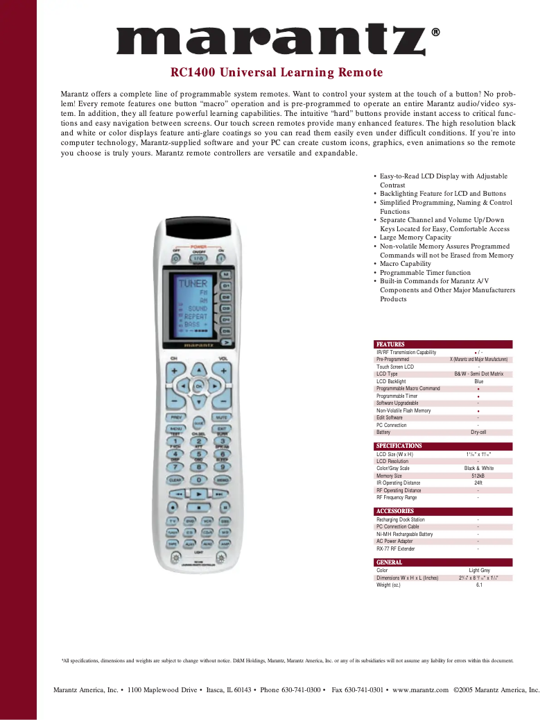 Page 1 de la notice Fiche technique Marantz RC1400