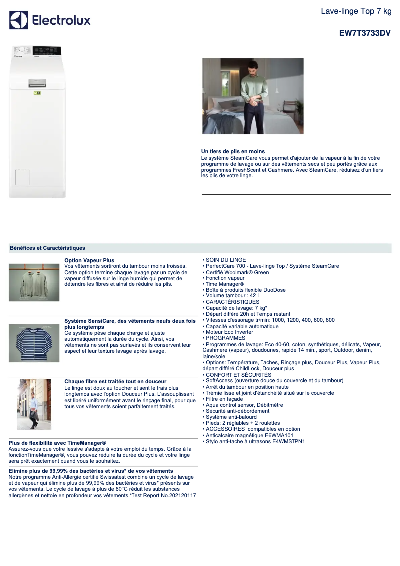 Página 1 del manual Ficha técnica Electrolux EW7T3733DV