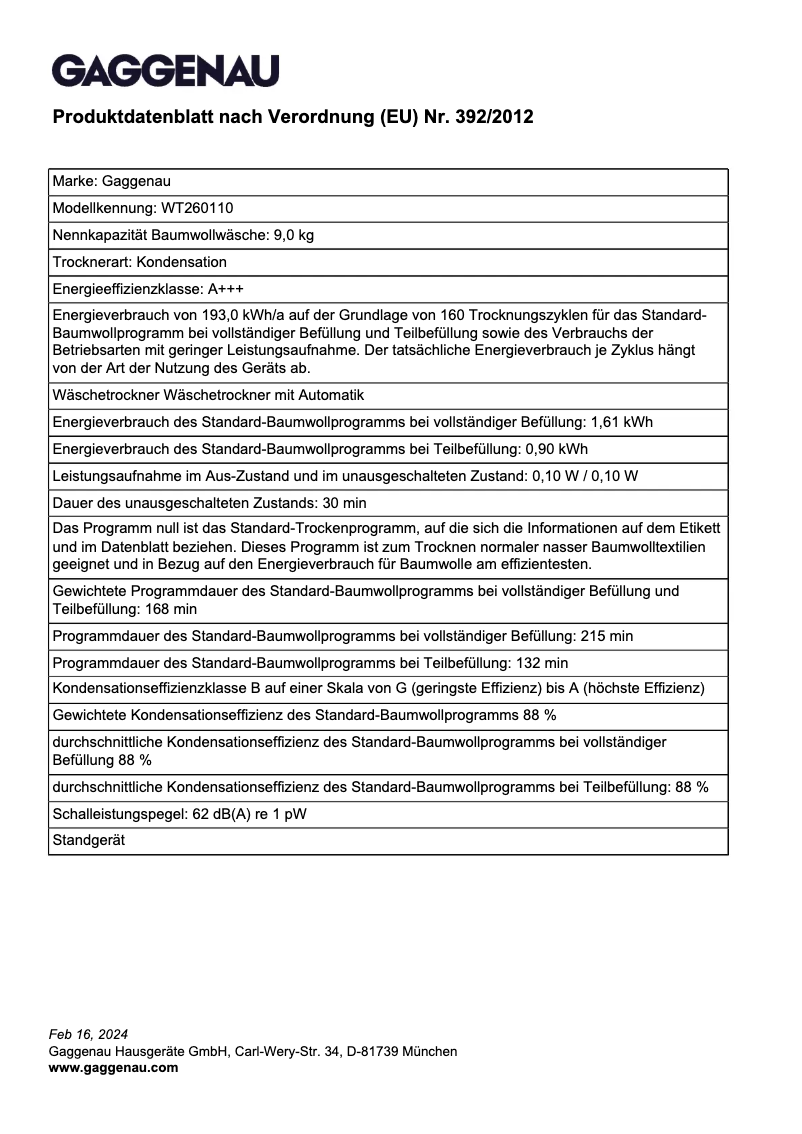 Página 1 del manual Ficha técnica Gaggenau WT260110