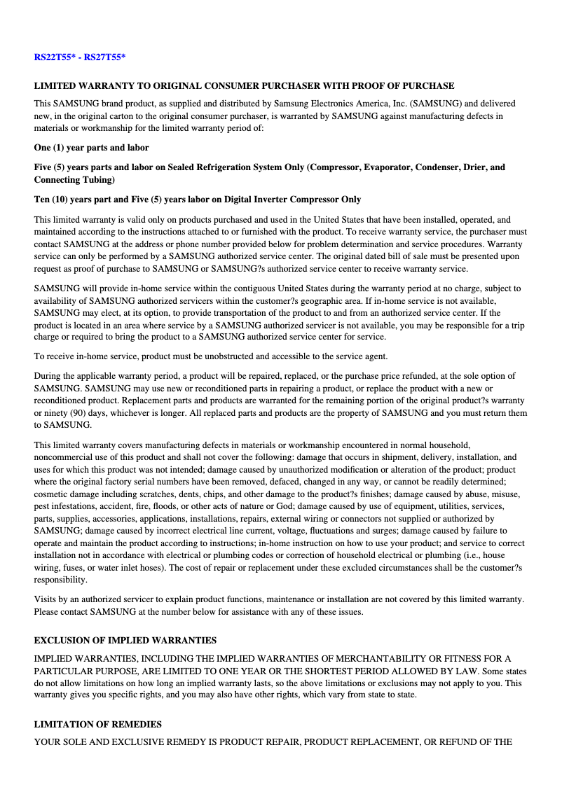 Página 1 del manual Información de garantía Samsung RS22T5561SG/AA