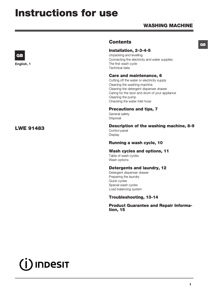 Page n°1 - Manuel utilisateur Indesit LWE 91483 W UK