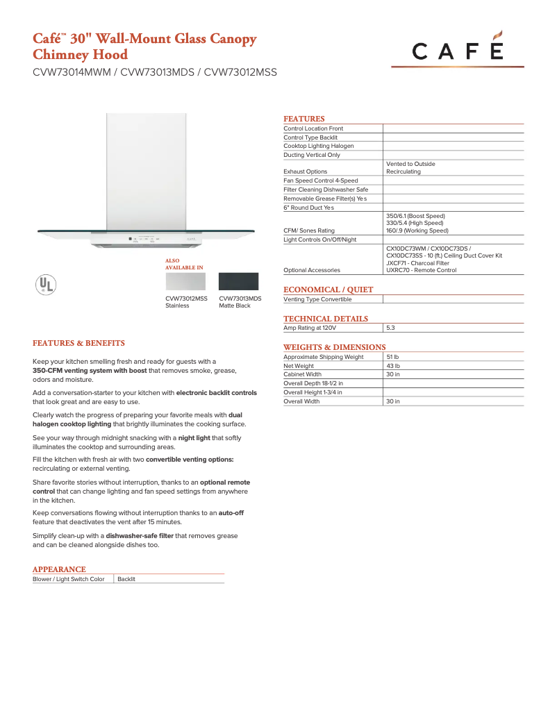 Page n°1 - Fiche technique GE CVW73014MWM