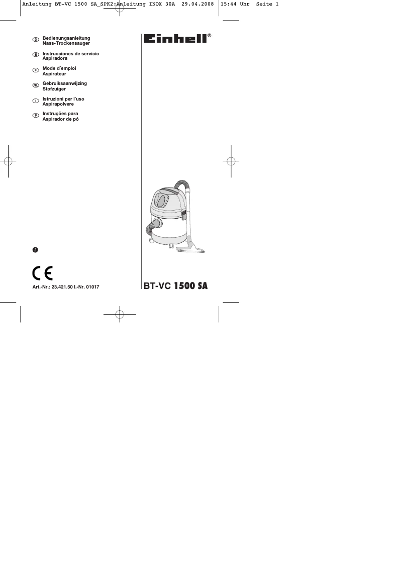 Page 1 de la notice Mode d'emploi Einhell BT-VC 1500 SA