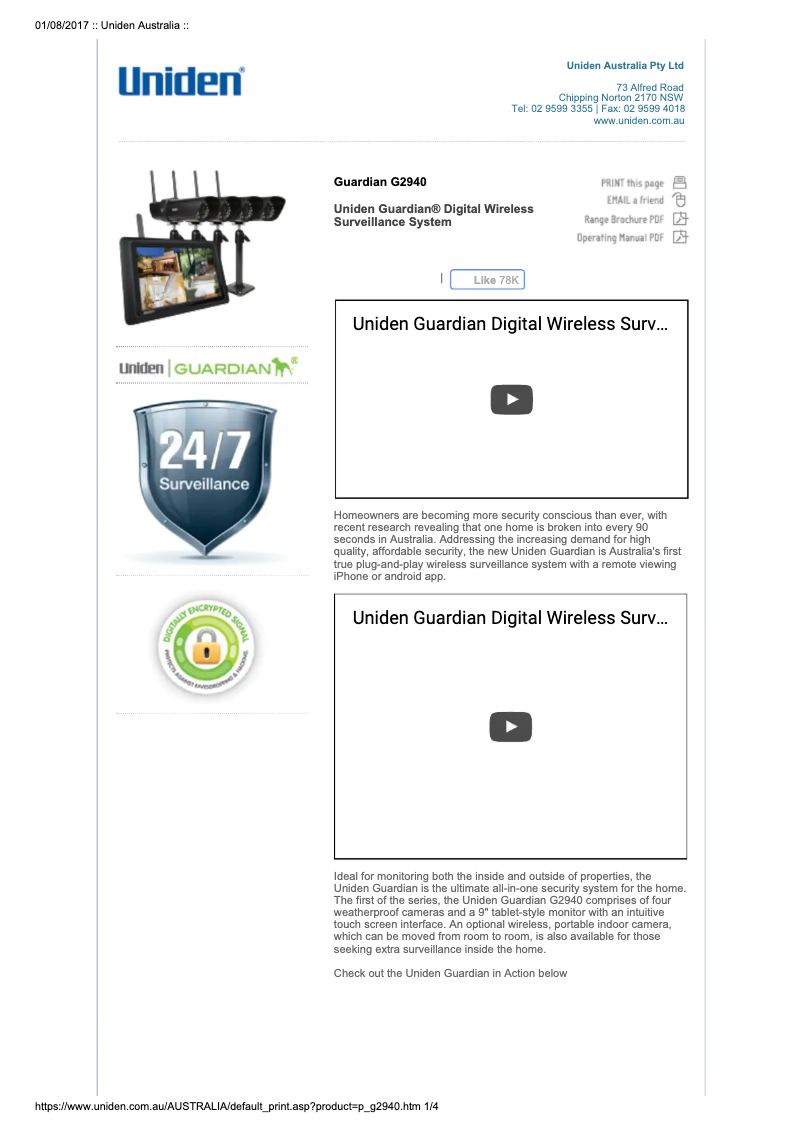 Page 1 de la notice Manuel utilisateur Uniden Guardian G2940