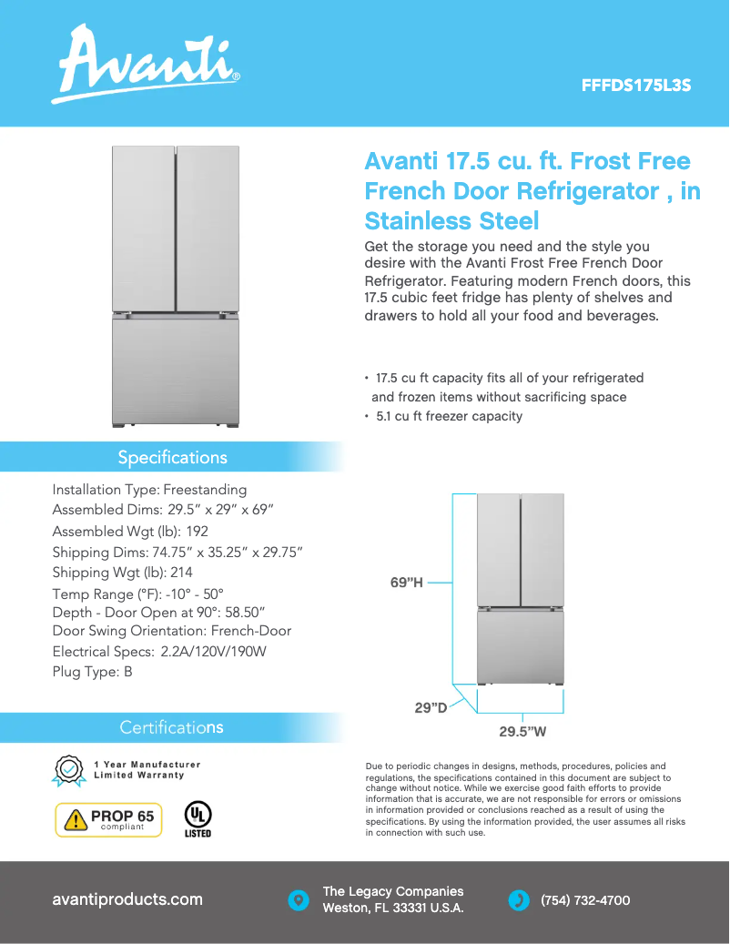 Page 1 de la notice Fiche technique Avanti FFFDS175L3S