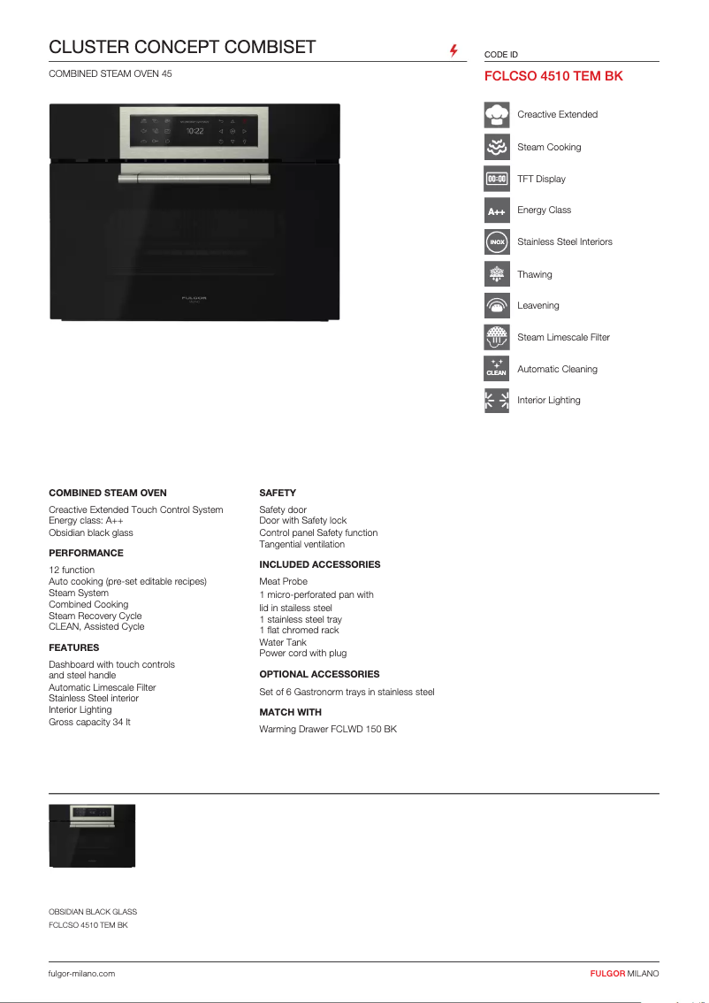 Page 1 de la notice Fiche technique Fulgor Milano FCLCSO 4510 TEM BK
