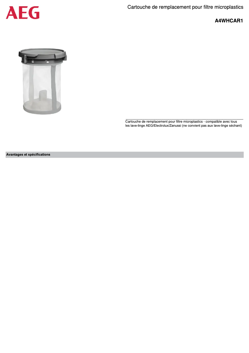 Page 1 de la notice Fiche technique AEG A4WHCAR1