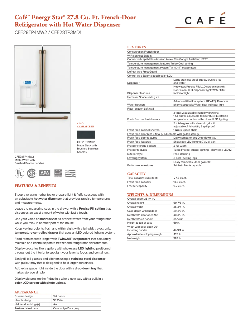 Page 1 of the manual Technical Sheet GE CFE28TP4MW2