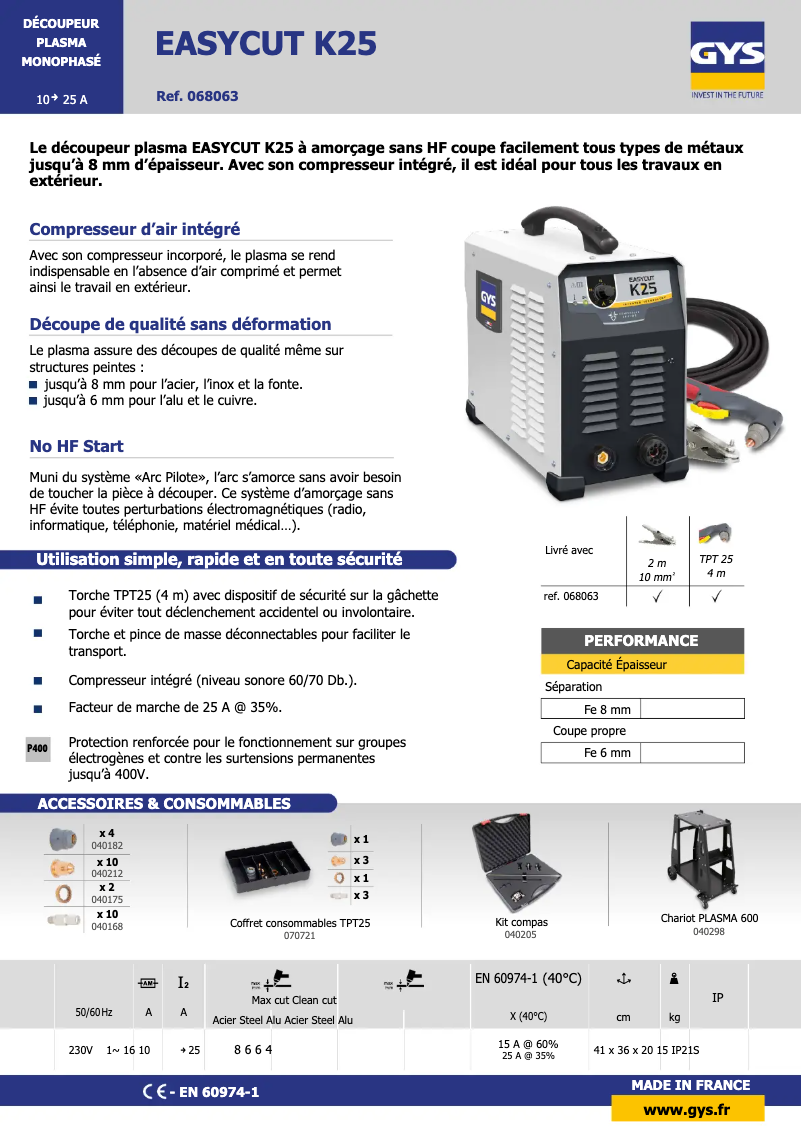 Página 1 del manual Ficha técnica GYS Cutter K25