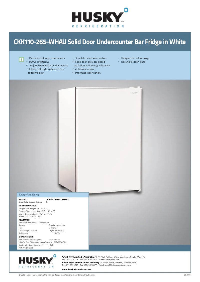 Página 1 del manual Ficha técnica Husky CKK110-265-WH-AU