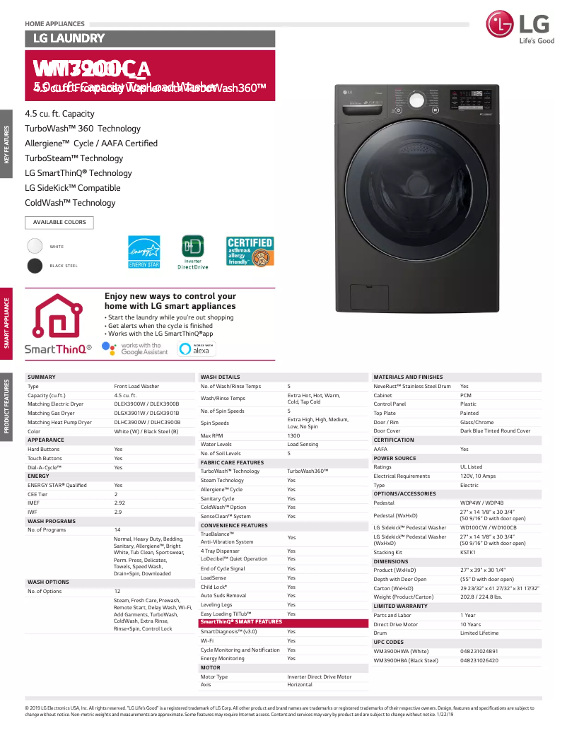 Página 1 del manual Ficha técnica LG WM3900HBA