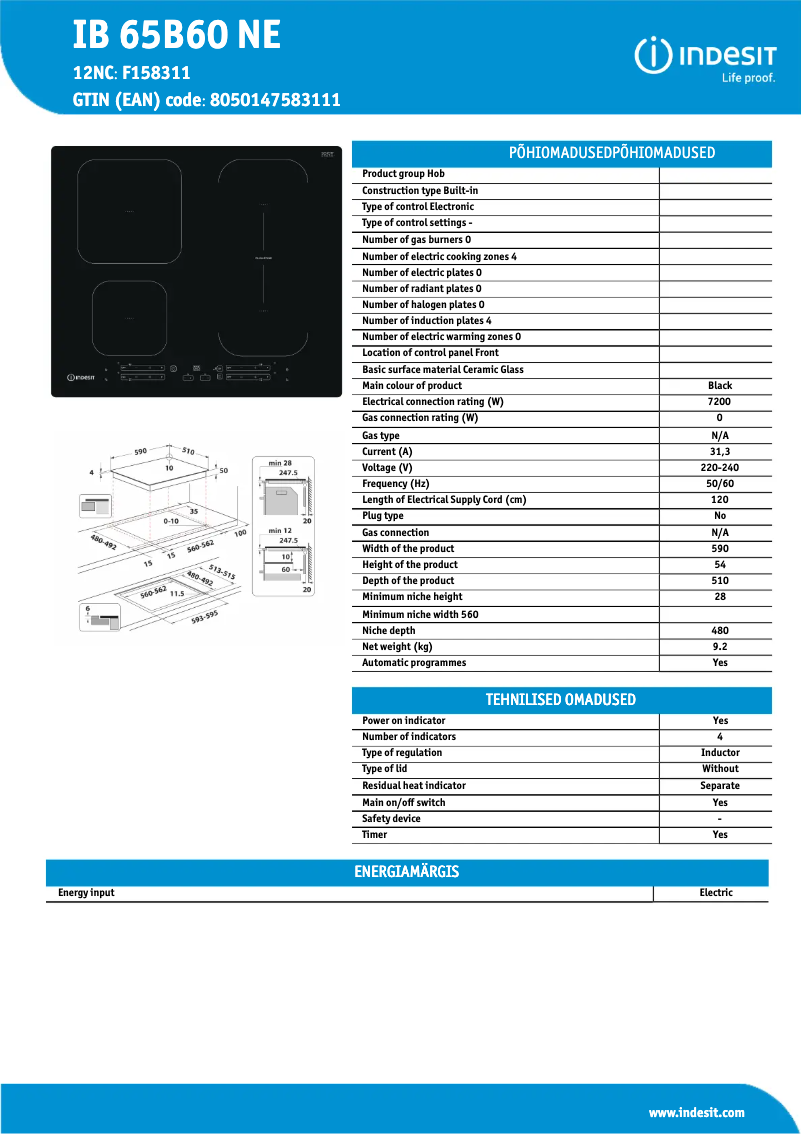 Page n°1 - Fiche technique Indesit IB 65B60 NE