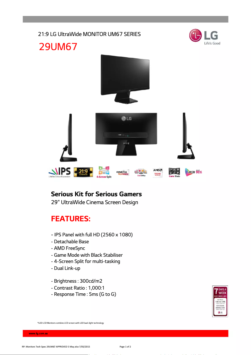 Page 1 de la notice Fiche technique LG 29UM67-P