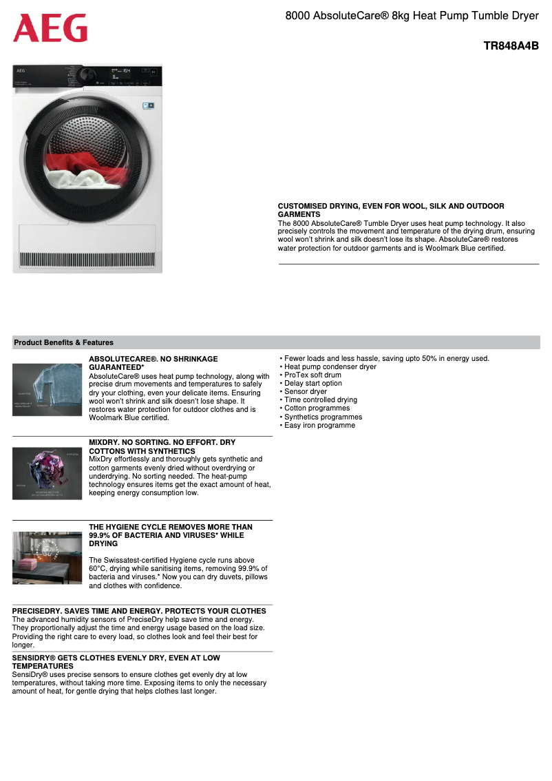 Página 1 del manual Ficha técnica AEG TR848A4B