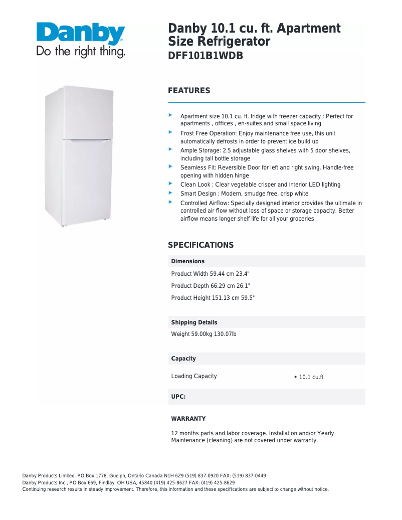 Page 1 de la notice Fiche technique Danby DFF101B1WDB
