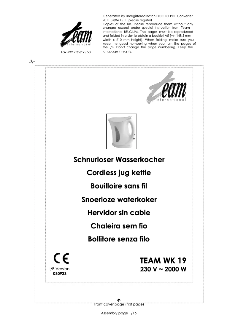 Page 1 de la notice Manuel utilisateur Team WK 19