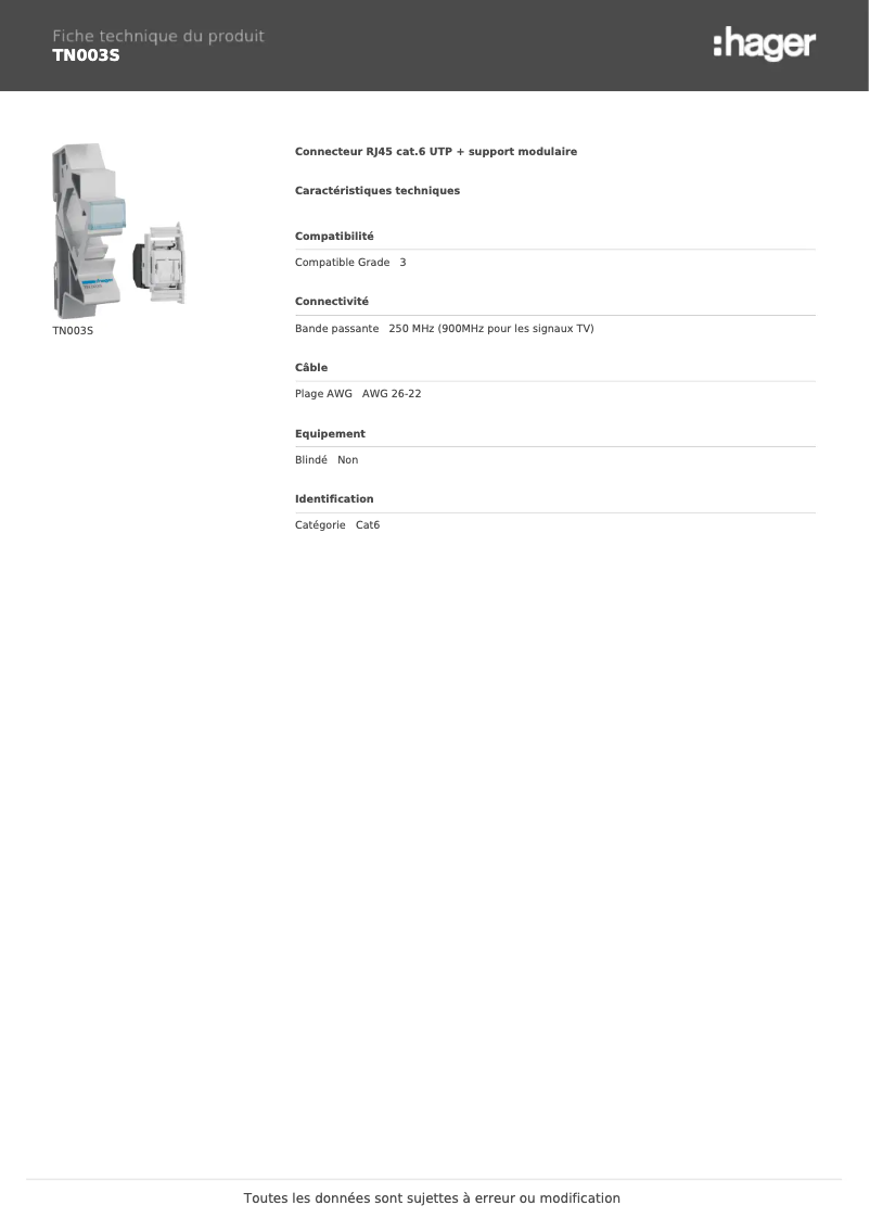 Page 1 of the manual Technical Sheet Hager TN003S